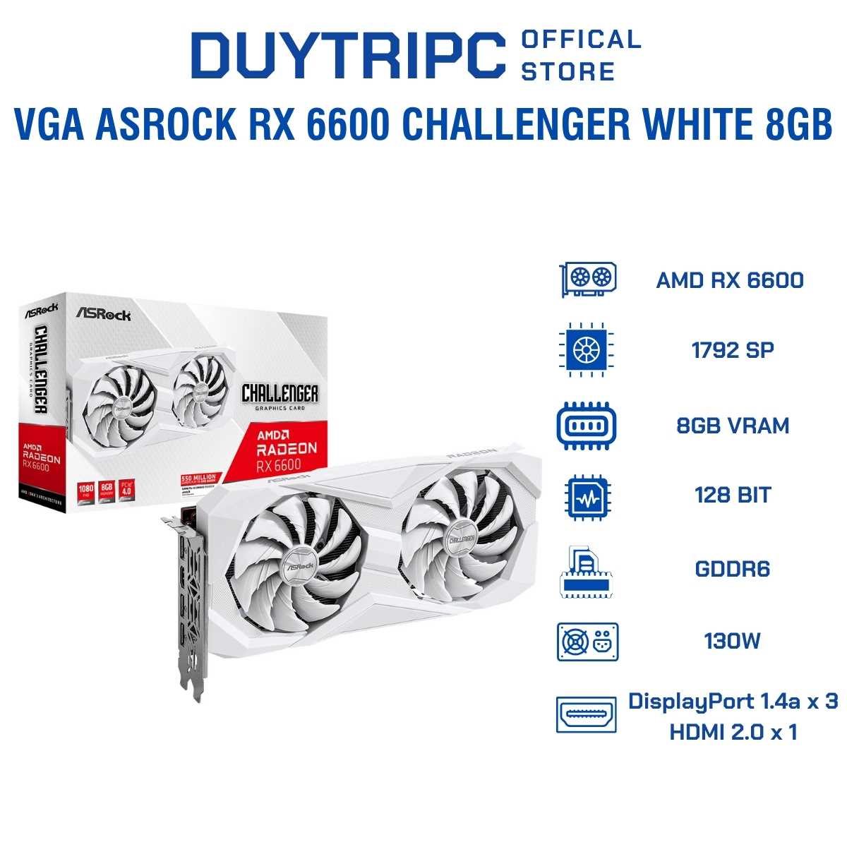 VGA ASRock Radeon RX 6600 Challenger White 8GB GDDR6 | Card Màn Hình Gaming Full HD Hiệu Năng Cao